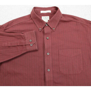 LL Bean Shirt Mens Large Red 100% Cotton Herringbone Traditional Fit Button-Down